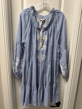 Tuckernuck Blue & White Striped Embroidered Tiered Dress- Size 3X